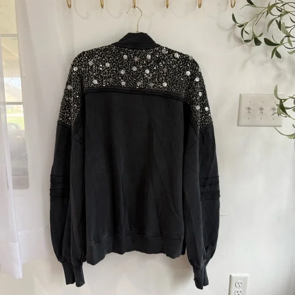 Free People Sparkle Front Zip Sweatshirt Jacket Black - Picture 8 of 9